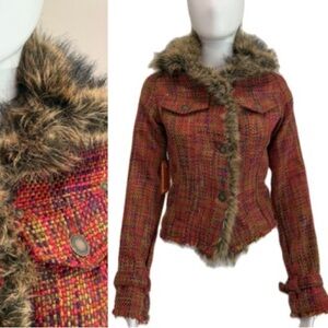 Twill Twenty Two Faux Fur Collar Tweed Blazer Jacket Womens Size Small Red Y2K